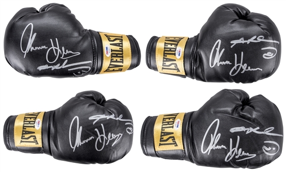 Lot of (4) Thomas Hearns and Sugar Ray Leonard Dual Signed Black Everlast Boxing Glove (PSA/DNA)